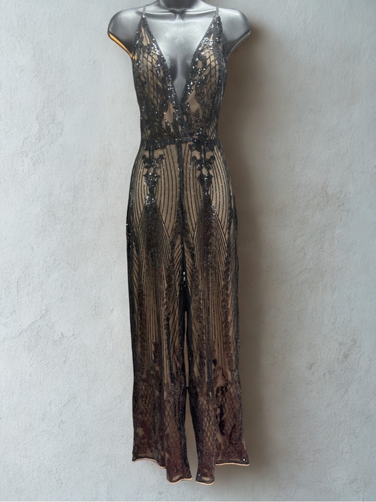 Pants - Embellished Black, Gold & Silver Sequin Jumpsuit
